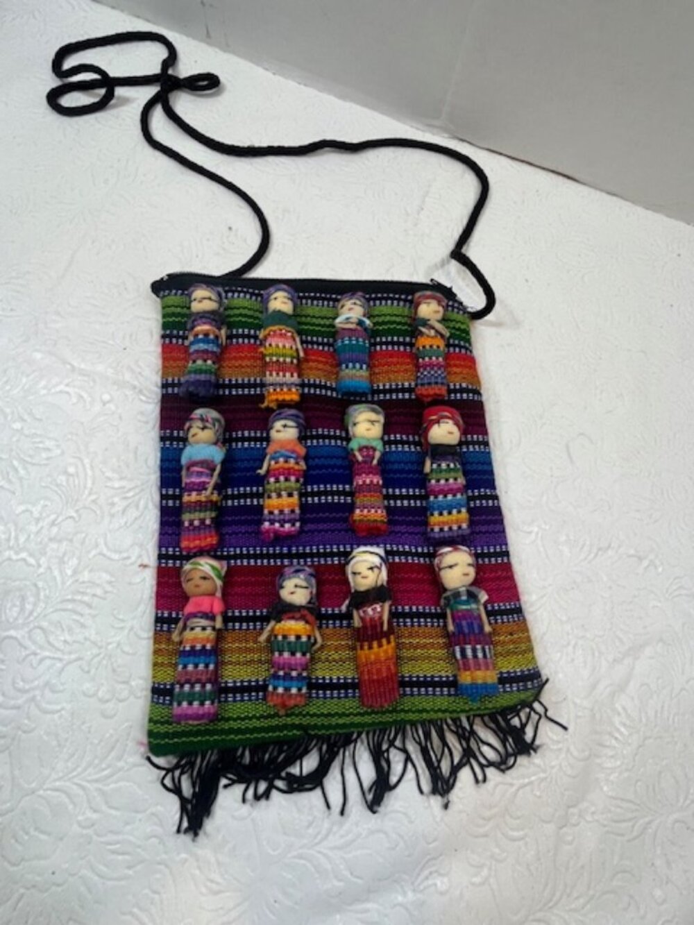 VTG Handmade Guatemalan Multi-Colored Worry Doll Purse Cotton Fringed Boho 6x7.5